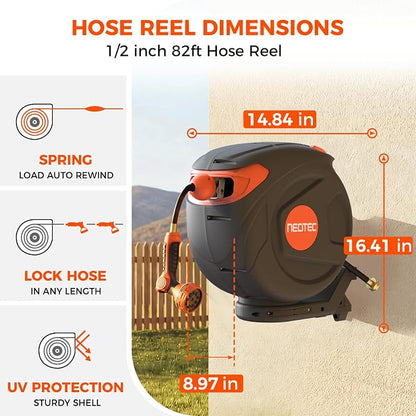 Retractable Garden Water Hose 82ft 1/2 inch, Wall Mounted Hose Reel with Automatic Rewind System, Any-Length Lock & Spray Nozzle for Efficient Yard Work