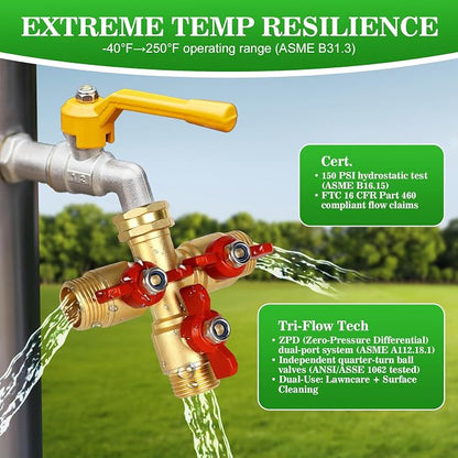 3 Way Hose Splitter, Solid Brass High Volume 3 Way Hose Splitter Valve with Metal Handle, Heavy Duty High Flow Spigot Splitter with Shut off Valve, 3/4 Inch Garden Tap Splitter