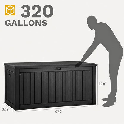 DWVO 320 Gallon Double-Wall Deck Box with Divider, XXL Extra Large Resin Outdoor Storage Box, Lockable & Waterproof, Double as Seating, 1000lbs Capacity (Black)