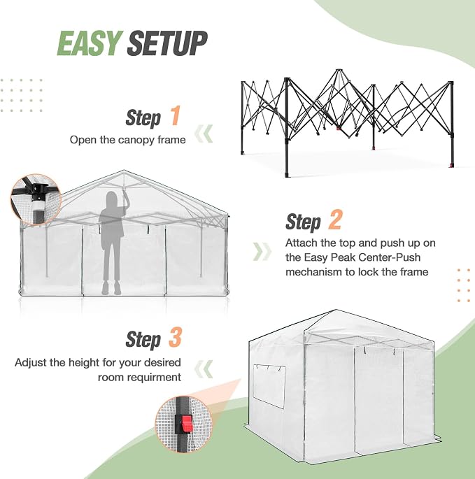 EAGLE PEAK 10x10 Portable Walk in Greenhouse, Pop Up Indoor Outdoor Greenhouse, Green House Kit with Zippered Roll-Up Doors and Windows, PE Cover, Clear/White