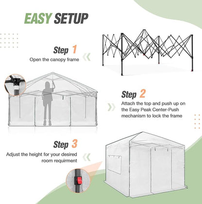 EAGLE PEAK 10x10 Portable Walk in Greenhouse, Pop Up Indoor Outdoor Greenhouse, Green House Kit with Zippered Roll-Up Doors and Windows, PE Cover, Clear/White
