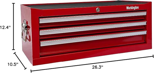 Workington Industrial 3 Drawers Portable Metal Intermediate Box, 26" Middle Tool Chest Cabinet with Ball Bearing Drawer Slides, Steel Tool Storage Box Organizer 4009 Red