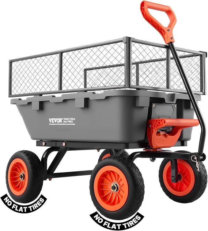 VEVOR 800LBS 7 CU.FT Poly Garden Cart Dump Wagon, Heavy Duty 4 Wheel Wheelbarrow with 10" Flat Free Tires, Yard Cart Dump Wagon with Removable Raised Sides and Quick-Release System