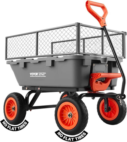 VEVOR 800LBS 7 CU.FT Poly Garden Cart Dump Wagon, Heavy Duty 4 Wheel Wheelbarrow with 10" Flat Free Tires, Yard Cart Dump Wagon with Removable Raised Sides and Quick-Release System