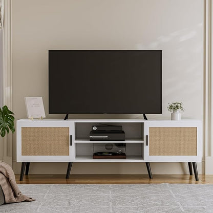 ZttRiee TV Stand with Rattan Doors for TVs up to 65", Mid-Century, White | 54.7"W x 15.7"D x 18.9"H, 150 lbs capacity, 2 rattan-door cabinets & 1 shelf (4 compartments), 2 cord holes, 6 wood feet