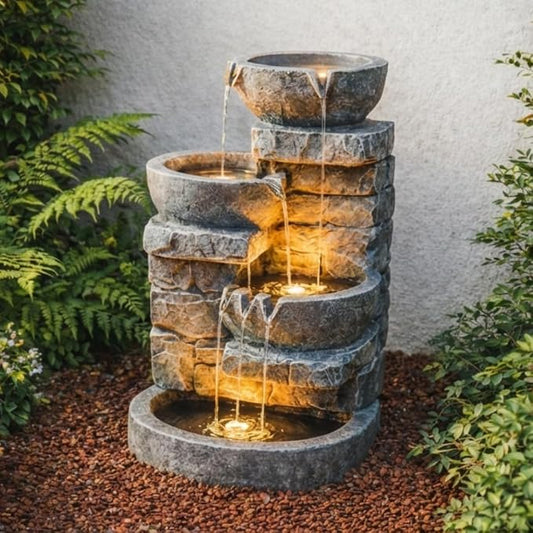 Teamson Home 33" Outdoor Water Fountain with LED Lights | 3-Tier Cascading Bowls, Weather-Resistant Resin, Garden Water Feature, Stone Gray