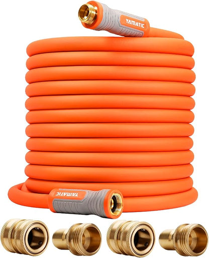 YAMATIC 100 ft Garden Hose 5/8 in, Ergonomic Swivel Fittings, Burst 600 PSI | Heavy Duty Water Hose with 2 Set Brass Quick Connects, Flexible and Lightweight Hose for All Weather Lawn Yard Gardening