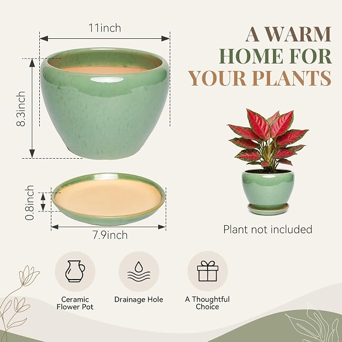 11 Inch Ceramic Plant Pot with Drainage Hole Mesh Net, Large Gardening Pots for Indoor Plants with Saucer, Crackle Green