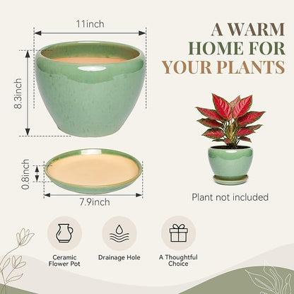 11 Inch Ceramic Plant Pot with Drainage Hole Mesh Net, Large Gardening Pots for Indoor Plants with Saucer, Crackle Green