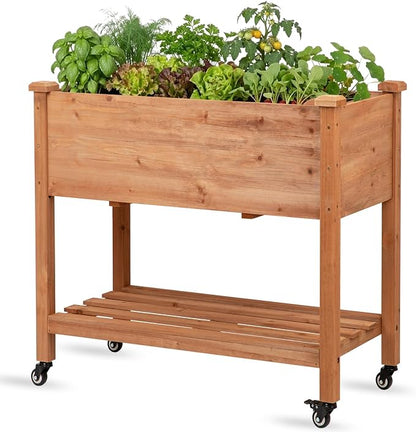 Raised Garden Bed with Lockable Wheels, 32x16x32 inch Elevated Wood Planter with Storage Shelf Protective Liner for Vegetable Flower Herb Outdoor Balcony Patio Backyard, Brown