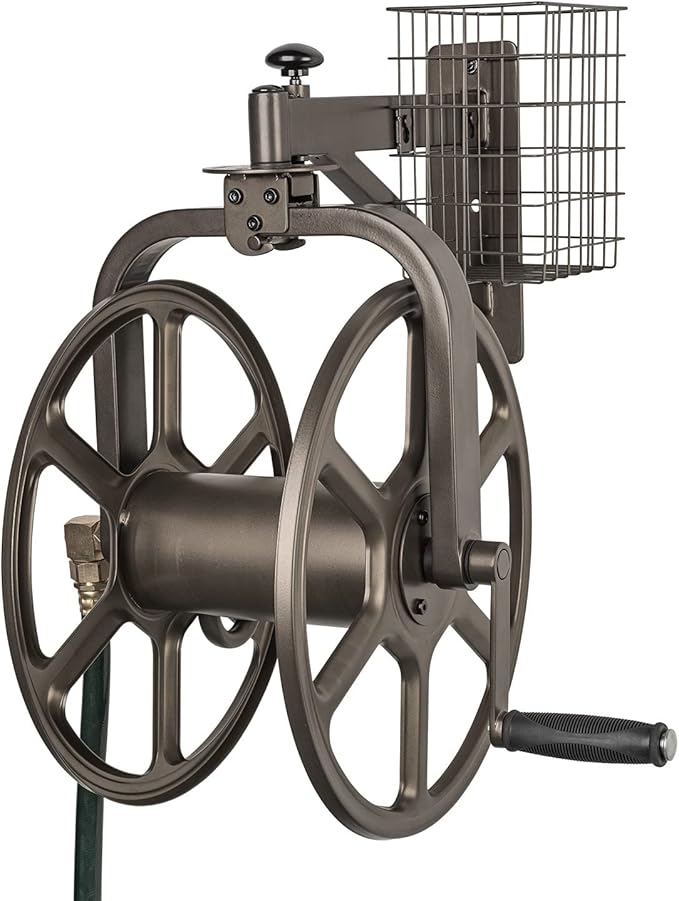 Liberty Garden 880-2 Industrial 2-Wheel Pneumatic Tires Garden Hose Reel Cart - Gray & Arm Navigator Multi-Directional Garden Hose Reel, Holds 125-Feet of, 5/8-Inch, Bronze