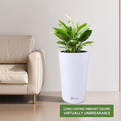 Dexceder 22x13 Self Watering Tall Planter (White Matte) | High Cylinder, Thickened Large Floor Standing Flower Plant Pot with Water Level Indicator Indoor Outdoor