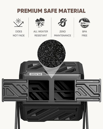 THE Growing 43 Gal Outdoor Compost Bin Tumbler for Backyard Garden, Black | Twin 21.5gal heat-absorbing chambers. Pre-embedded nuts for fast outdoor setup. Durable resin deters pests and bad odors.