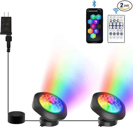 RGB Underwater Pond Lights, Super Bright 18 LED Submersible Fountain Lights Color Changing Spotlights, Bluetooth APP Control IP68 Waterproof for Fish Aquarium Tank Garden Yard Pool(Set of 2)