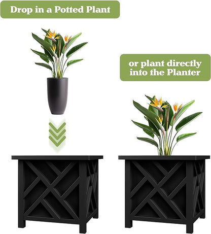 Pure Garden Lattice Design Planter Box - 15.5"D x 15.5"W x 16.5"H - Square Decorative Outdoor Flower or Plant Pot - Front Porch, Patio, and Garden Decor (Black)