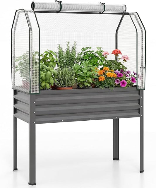 Giantex Raised Garden Bed with Legs & Greenhouse Cover, 44x20x60 Elevated Metal Planter Box with Roll-up Door, Outdoor Mini Greenhouse for Vegetable Flower Herb Patio Balcony (Gray,1)