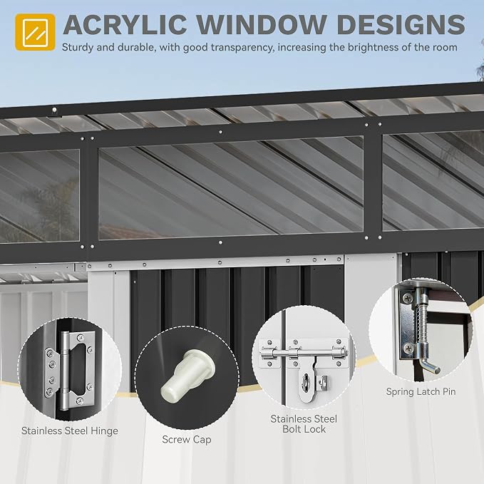 DWVO 9x4 FT Storage Shed for Bicycle, Functional Metal Tool Shelter Garden Storage Unit with Acrylic Windows, Secure Entry Lock, Water-Resistant Waste Enclosure for Outdoor Patio Garden(Dark Gray)