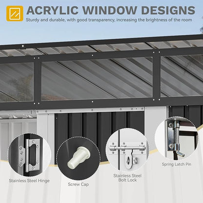 DWVO 9x4 FT Storage Shed for Bicycle, Functional Metal Tool Shelter Garden Storage Unit with Acrylic Windows, Secure Entry Lock, Water-Resistant Waste Enclosure for Outdoor Patio Garden(Dark Gray)
