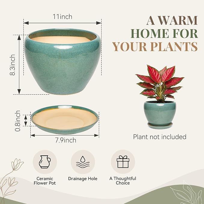 11 Inch Ceramic Plant Pot with Drainage Hole Mesh Net, Large Gardening Pots for Indoor Plants with Saucer, Blue-Green