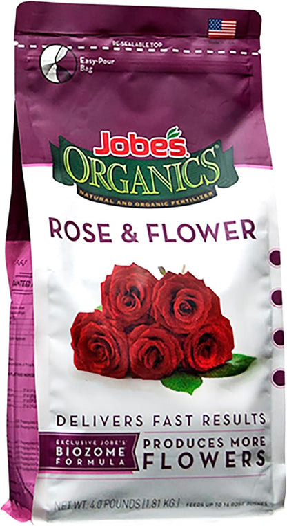 Jobe's Granular Plant Food Flower & Rose, Jobe’s Organics Fertilizer for Geraniums, Hibiscus, Daisies, and Other Perennial and Annual Plants, 4 lbs