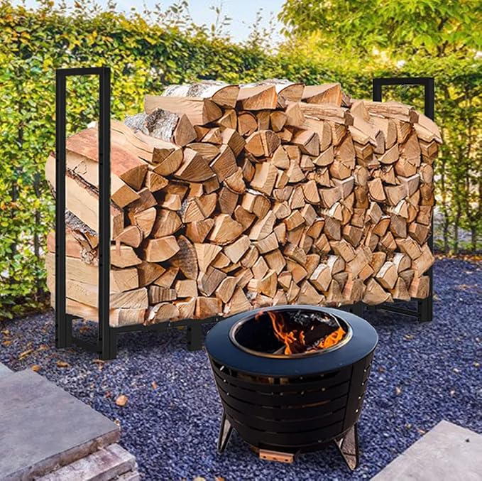 Koutemie 8Ft Outdoor Firewood Rack Holder for Fireplace Wood Storage, Adjustable Fire Log Stacker Stand, Black