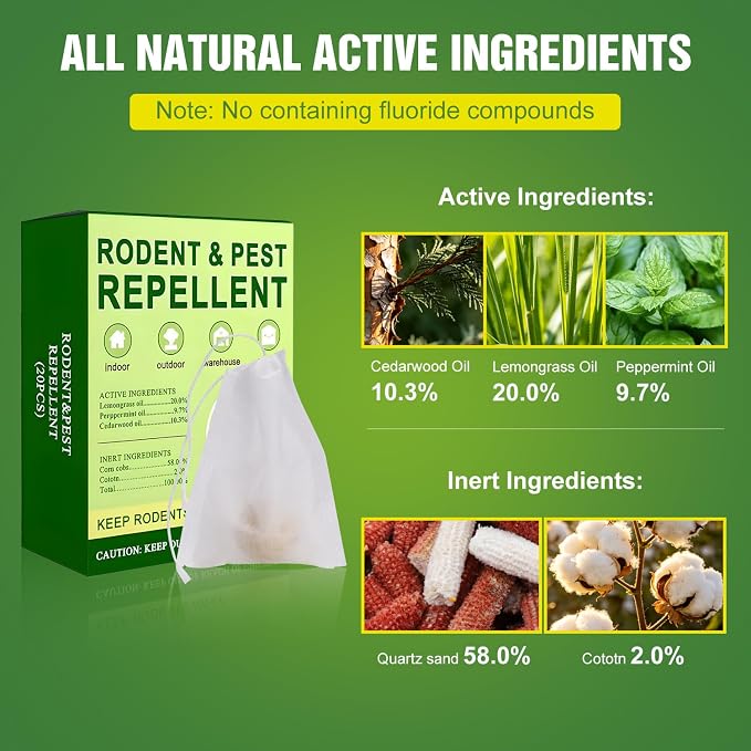 20 PCS Mouse Repellent Balls, Peppermint Oil Pest Control Repeller for Rodent Rat Roach Ant Squirrel Indoor & Outdoor, Natural Mice Deterrent Pet & Family Safe Alternative to Traps Mothballs & Poison