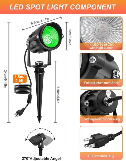 Green Landscape Lights Outdoor, 14 LED Landscape Lighting with US Plug, IP65 Waterproof Spotlights for Tree Yard Garden Pathway St. Patrick's Day Halloween Christmas Decor 4 Pack