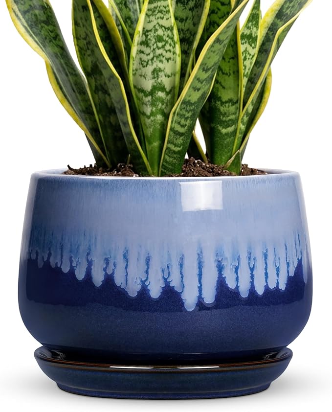 Ceramic Pots for Plants - 9 Inch Indoor Planter with Drainage Hole and Saucer, Decorative Plant Pots for Indoor Plants, Round Ceramic Flower Pot, Home Vanity Decor, Garden Gifts, Deep Blue