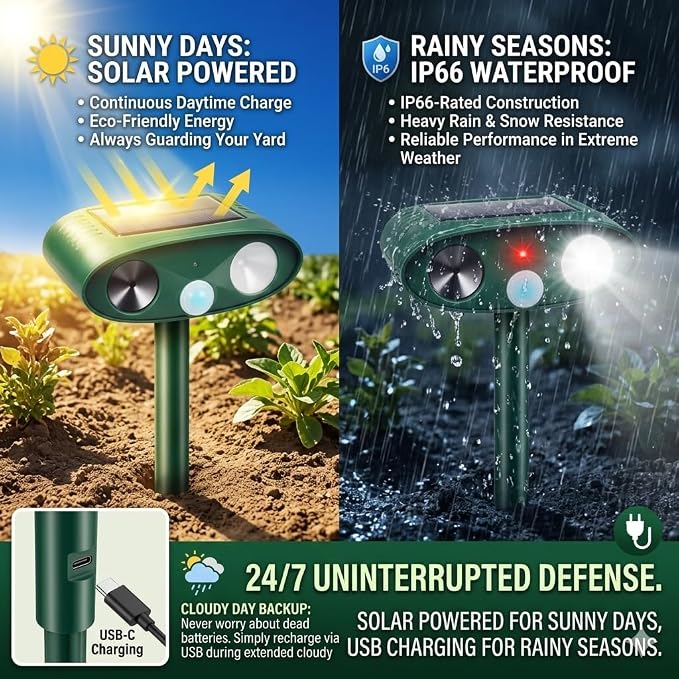 2026 Sonic Fortress Pro Deer Repellent Devices with USB Charge,Solar Ultrasonic Animal Repellent with Motion Sensor&Flash Light,Deer Deterrent for Flower beds,Vegetable Gardens,Plants 4Pack