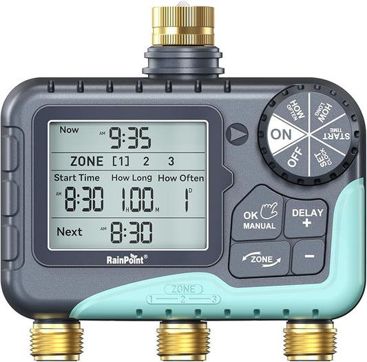 RAINPOINT 3 Zone Water Timer with Brass Inlet & Outlet, 3 Custom Watering Plans Sprinkler Timer, Featuring IP65 Waterproof,Rain Delay, Manual & Automatic Watering with Large LCD for Yard, 2026 Ver.