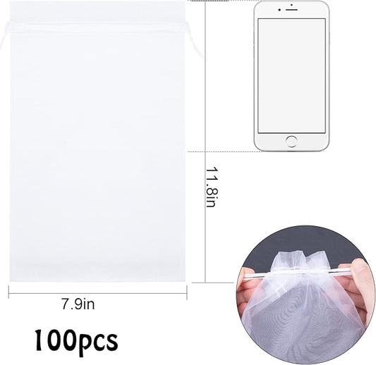 8x12 Inch 100 Pcs Penetrating Light Fruit Protection Bags- Organza Fruit Netting Barrier Bags,Garden Plant Fruit Mesh Bags with Drawstring