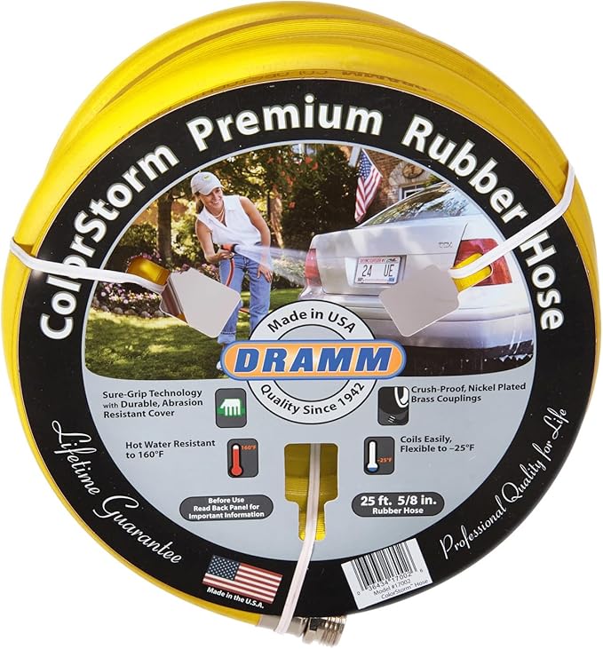 Dramm ColorStorm Premium Rubber Garden Hose – 100 ft Heavy Duty 3/4" Water Hose – Kink Resistant, Crush-Proof Nickel-Plated Couplings – Made in USA - Yellow