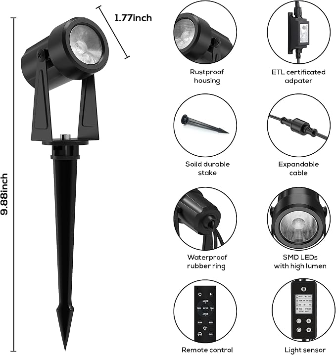 Banord RGBW Color Changing Outdoor Landscape Lighting, 8 Pack Low Voltage LED Outdoor Spotlight with Remote, IP65 Waterproof for Yard, Garden, Lawn