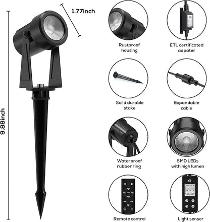 Banord RGBW Color Changing Outdoor Landscape Lighting, 10 Pack Low Voltage LED Outdoor Spotlight with Remote, IP65 Waterproof for Yard, Garden, Lawn