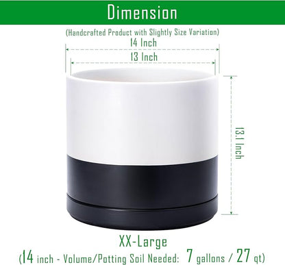 D'vine Dev 14 Inch Ceramic Planter Pot, Black White Two Tone, 94-O-G-L | Modern Cylinder Design, Drainage Hole & Saucer Included, Stable Structure, Elegant Home Accent
