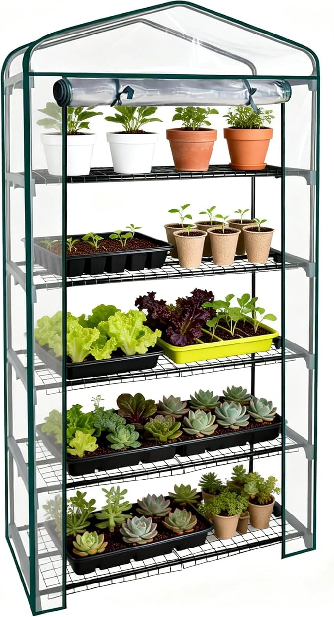 Worth Garden 5 Tier Mini Greenhouse - 75'' H x 27'' L x 19'' W - Sturdy Portable Gardening Shelves with Transparent PVC Cover - Small Porch Green House for Growing Plants Flowers Indoor & Outdoor