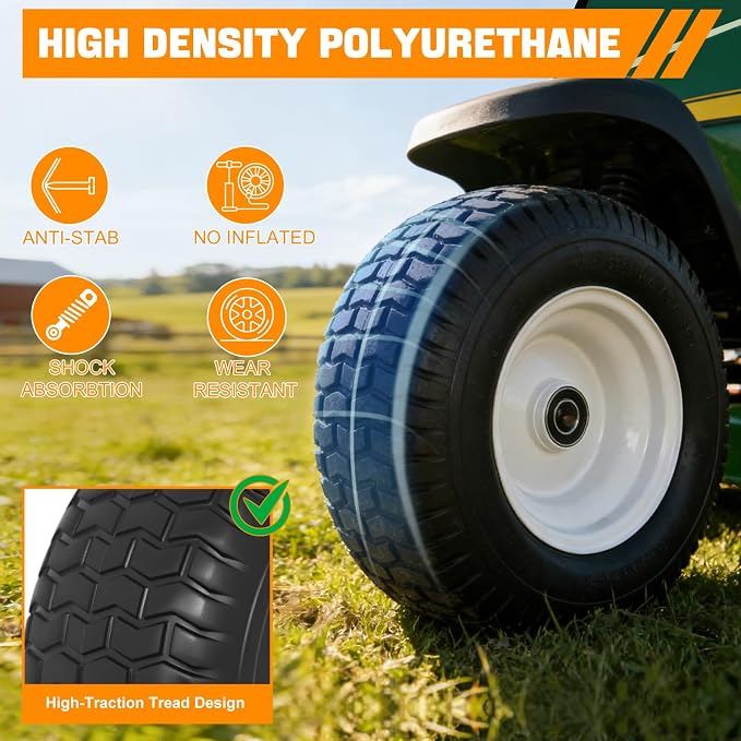 Yesker 16x6.50-8 Flat Free Lawn Mower Tire and Wheel Assembly with 1" Bearing Bore, 16x6.50-8nhs Solid Riding Lawnmower Tires with 3" Center Hub, 2 Pack