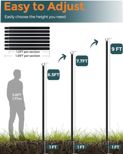 LAND·VOI Metal String Light Poles for Outside Hanging - Backyard, Garden, Patio, 2 Pack Lighting Stand with Adjustable Height for Outdoor Parties, Wedding, Extra-Long 5-Prong Claws, (10FT) FLP02B