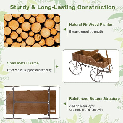 Wooden Wagon Planter, Decorative Flower Pots w/ 2 Planting Sections, Wheels & Handle, Rustic Farmhouse Garden Planter Box for Patio, Yard, Porch (Walnut)