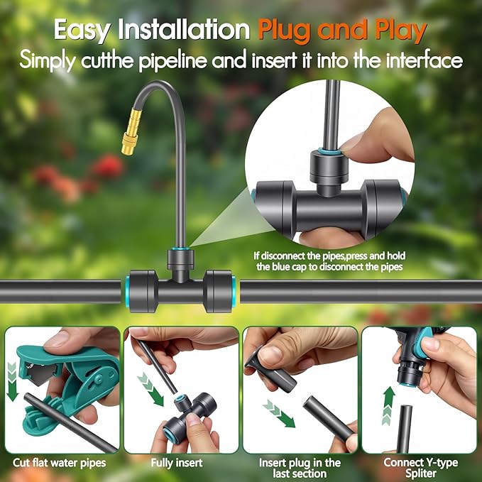 98FT 1/2" Drip Irrigation System Kit with Smart Water Timer for Garden,Automatic Watering System with 20pcs 360° Adjustable Copper Nozzles, Irrigation System for Garden,Yard, Lawn,Greenhouse