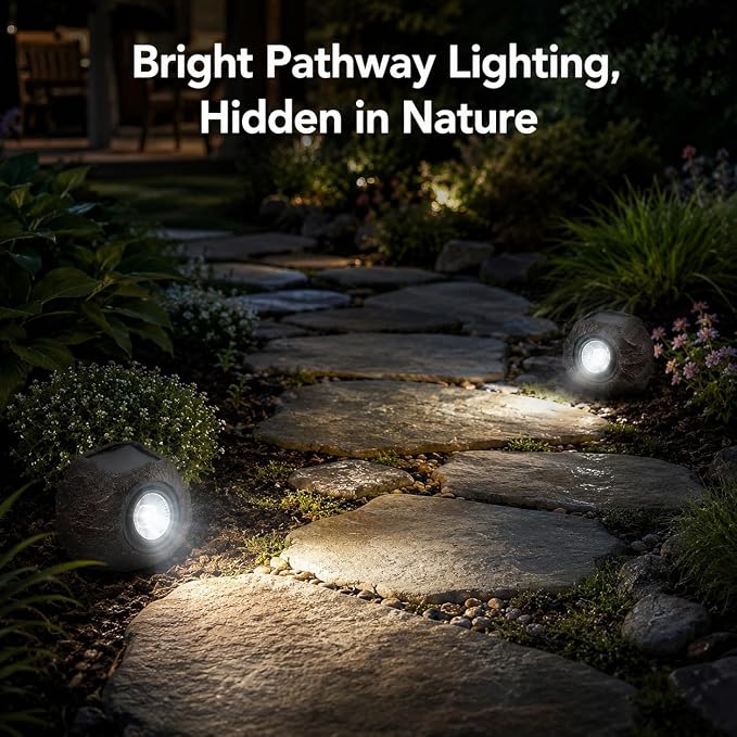 Solar Rock Lights Outdoor, IP65 Waterproof LED Solar Spotlights, Realistic Stone Garden Lights with Adjustable Angle & Auto On/Off, Solar Landscape Pathway Lights for Yard, Walkway, Patio (2 Pack)