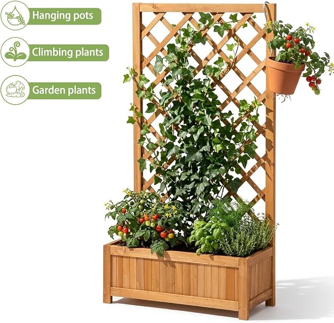 Wooden Raised Garden Bed with Trellis, 47" Outdoor Planter Box for Climbing Plants, Vertical Warm Brown Garden Planter for Vegetables, Flowers & Vines, Lattice Plant Support for Patio Yard Balcony