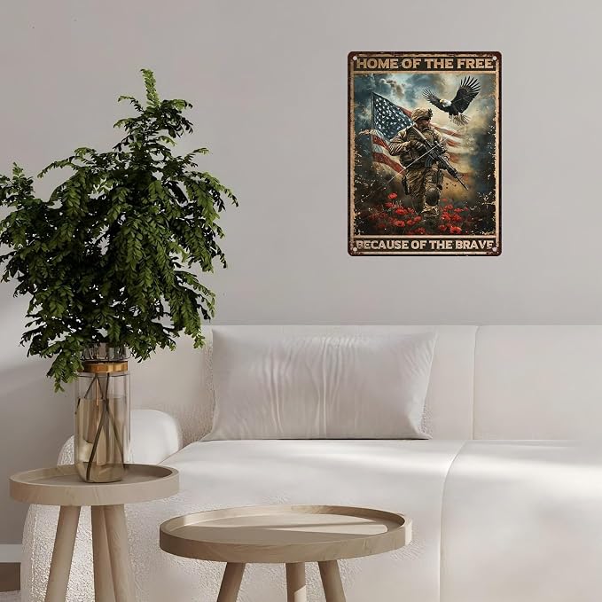 Vintage Army Tin Sign Home of the Free Because of the Brave Retro Wall Decor Nostalgic Art Funny Rustic Metal Poster Garage Store Cafe Happy Veterans Day Pubs Yard Toilet Bedroom 12 * 16inch