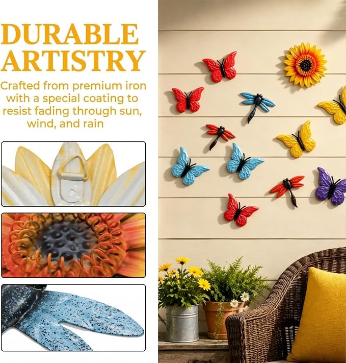 Pumtus 9 Pack Metal Flowers Wall Decor, Small Outdoor Fence Decoration, Butterfly Dragonfly Wall Art Ornament, Hanging Sunflower Animal Sculptures for Garden Patio Backyard Deck Home