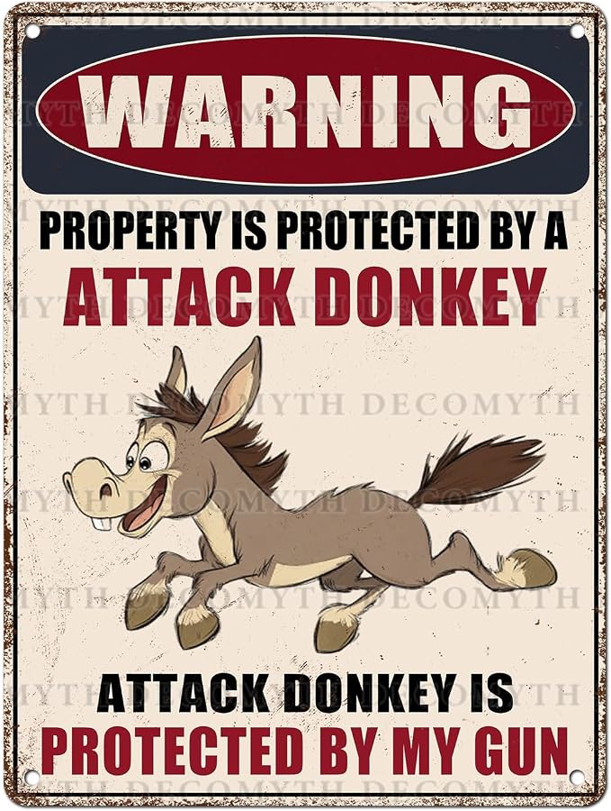 Metal Tin Sign Vintage Retro Wall Decor Warning Beware of Donkey Property Is Protected By a Attack Donkey Funny Tin Sign for Home Backyard Garden Patio 12 * 16inch
