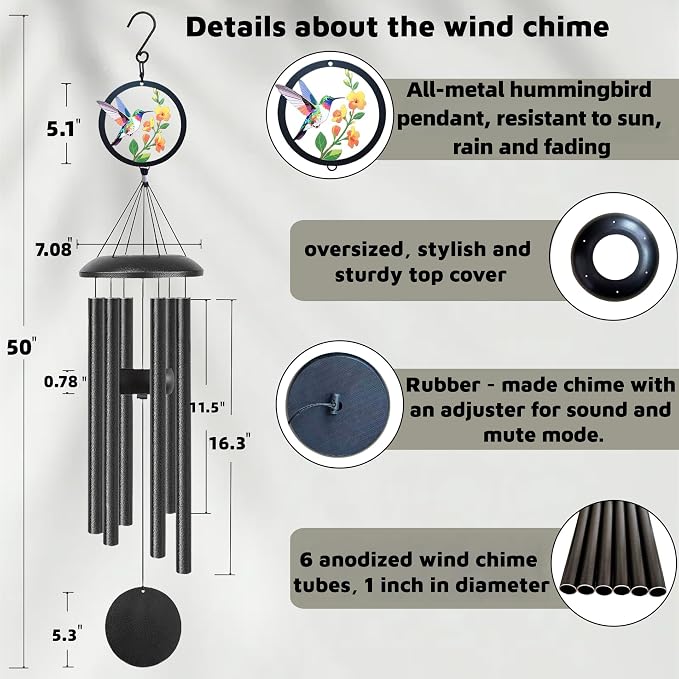 Hummingbird Wind Chimes for Outside - 50 Inches Long, 6 Thick Aluminum Tubes, Exquisite Hummingbird Design, Outdoor Hanging Decor for Garden, Porch, Hummingbird Gifts for Women, Mom, Grandma, Wife