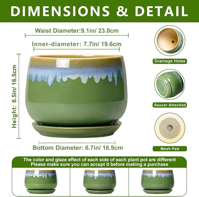 9 Inch Indoor Plant Pots - Ceramic Planters for Indoor Plants, Decorative Planter with Drainage and Saucer, Round Flower Pot, Porch Garden Office Decor, Gardening Gifts for Women, Green-Blue