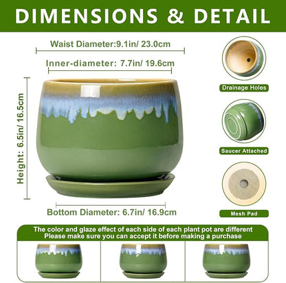 9 Inch Indoor Plant Pots - Ceramic Planters for Indoor Plants, Decorative Planter with Drainage and Saucer, Round Flower Pot, Porch Garden Office Decor, Gardening Gifts for Women, Green-Blue