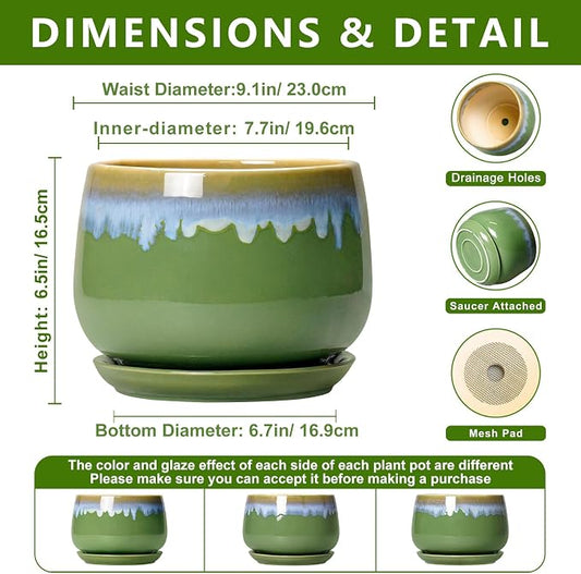 9 Inch Indoor Plant Pots - Ceramic Planters for Indoor Plants, Decorative Planter with Drainage and Saucer, Round Flower Pot, Porch Garden Office Decor, Gardening Gifts for Women, Green-Blue