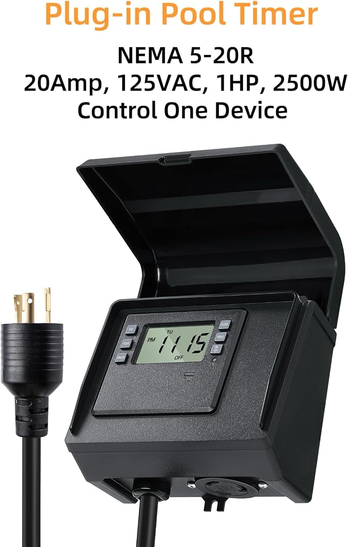 Digital Pool Pump Timer,NEMA L5-20R Plug-in Timer with Dual Outlets